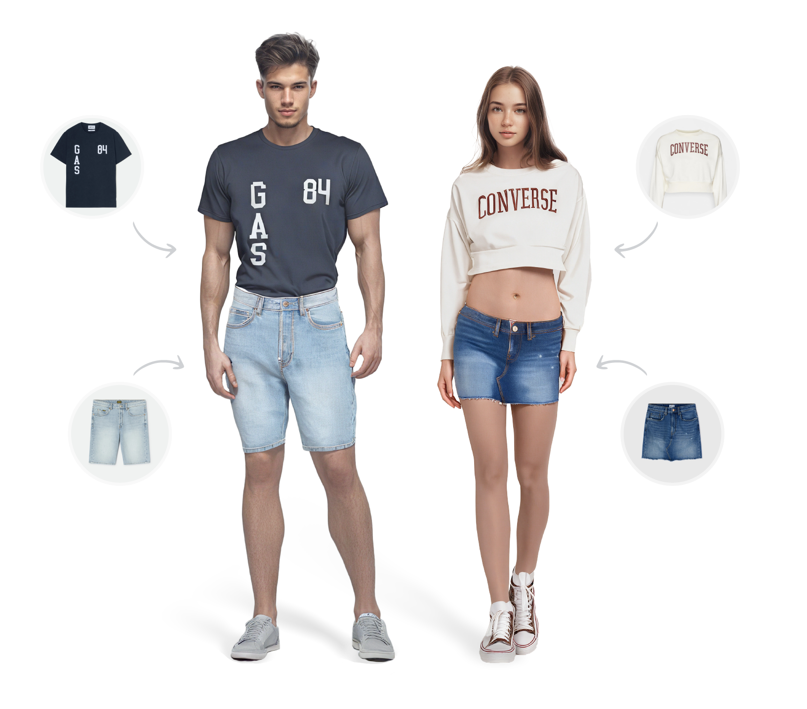 Female and male model, dressed with ai