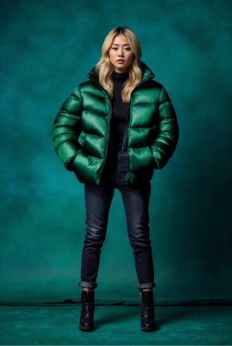 AI Generated Image of the Green Bomber dressed on a blonde model