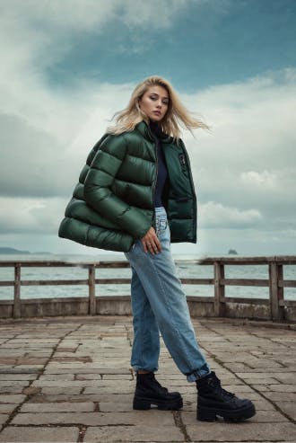 AI Generated Image of the Green Bomber dressed on a blonde model